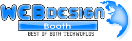 Logo for "WEBdesign Booth" featuring text in a blue gradient with a silhouette of a globe on the right side. The tagline "BEST OF BOTH TECHNOLOGIES" appears below the main title.