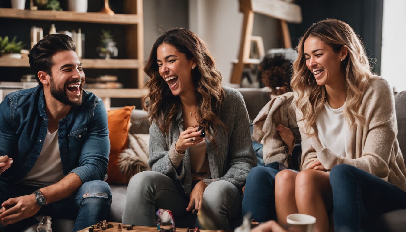 A diverse group of friends having fun in a vibrant living room.