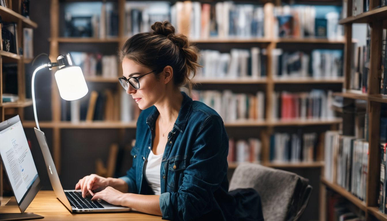 A person researching keywords for Amazon affiliate marketing in a bustling setting.