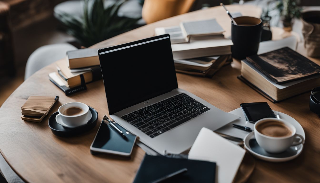 A well-equipped workspace with a laptop, books, and coffee.