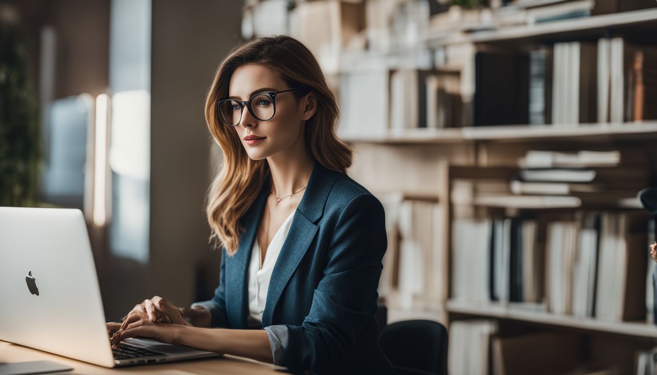 A woman working at a desk with a laptop and books.