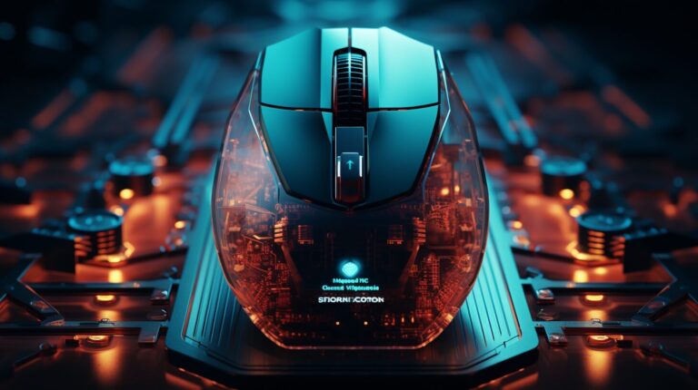 Computer mouse, transparent shield, digital lock, website background.