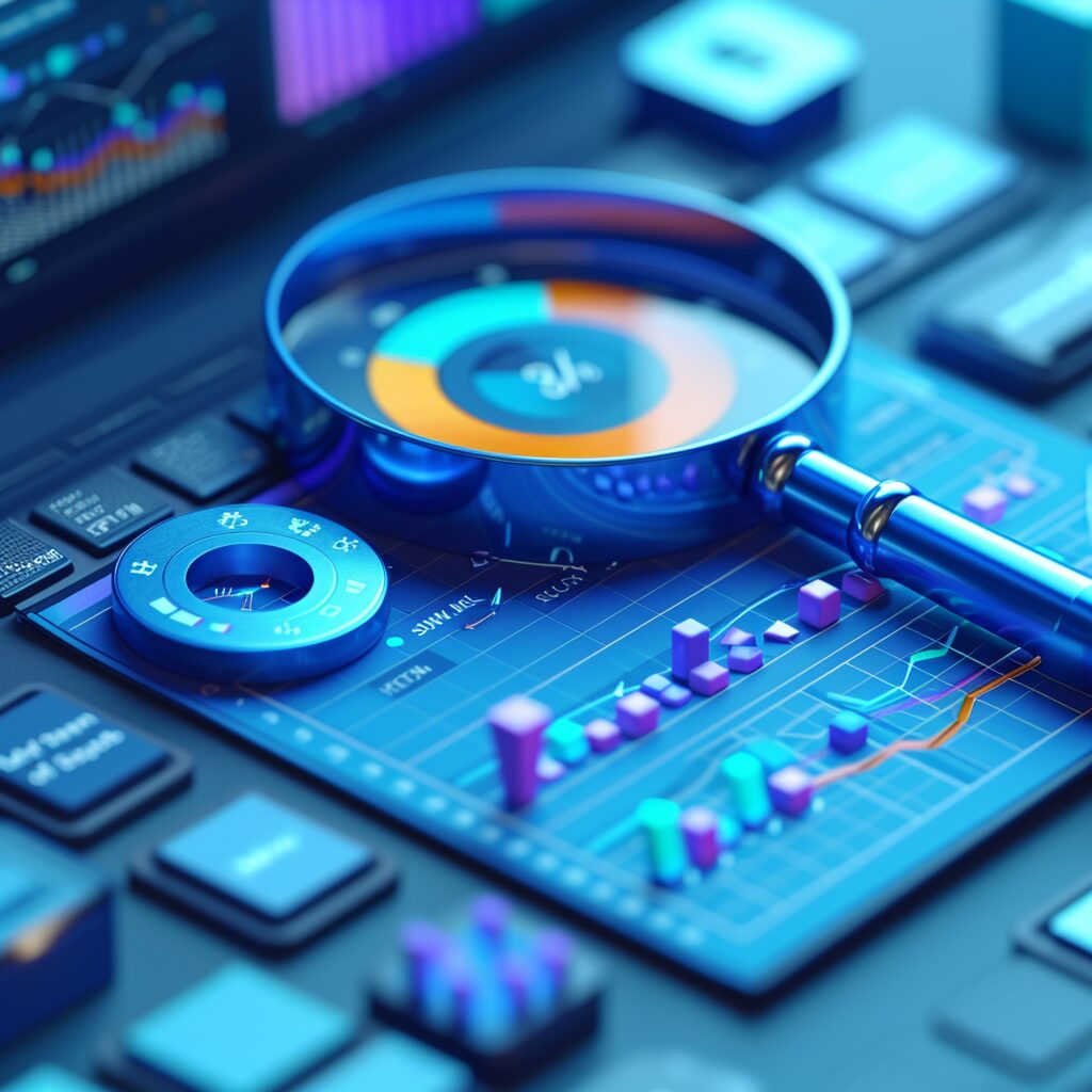 Magnifying glass on 3D graph and SERP with notepad.