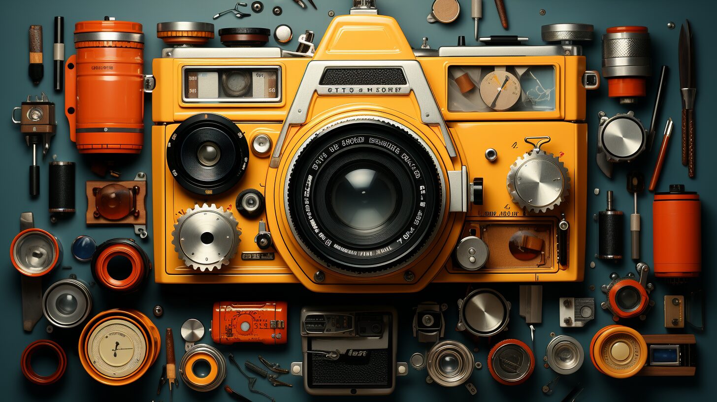 Organized desk with camera, lenses, swatches, sketches, plant.