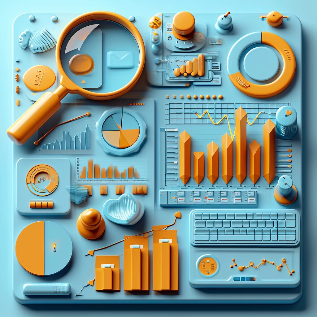 SEO trend chart with magnifying glass on keyboard.