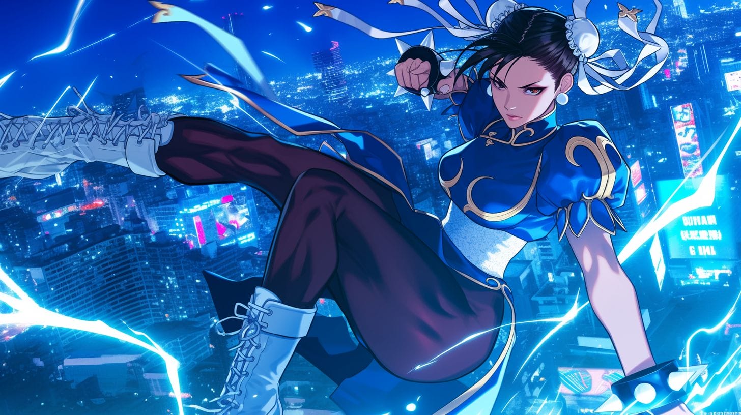 Chun-Li showcasing her lightning-fast kicks in a dynamic cityscape.