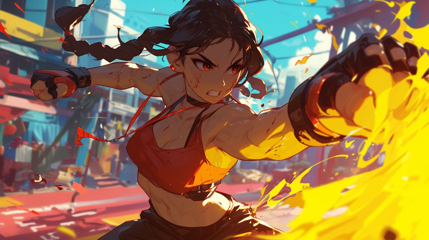 A determined female fighter ready to take on the competition in a cityscape setting.