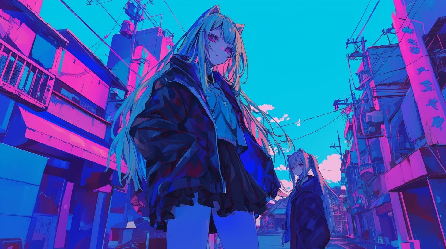 Misa Amane and Maka Albarn in vibrant anime-themed street.