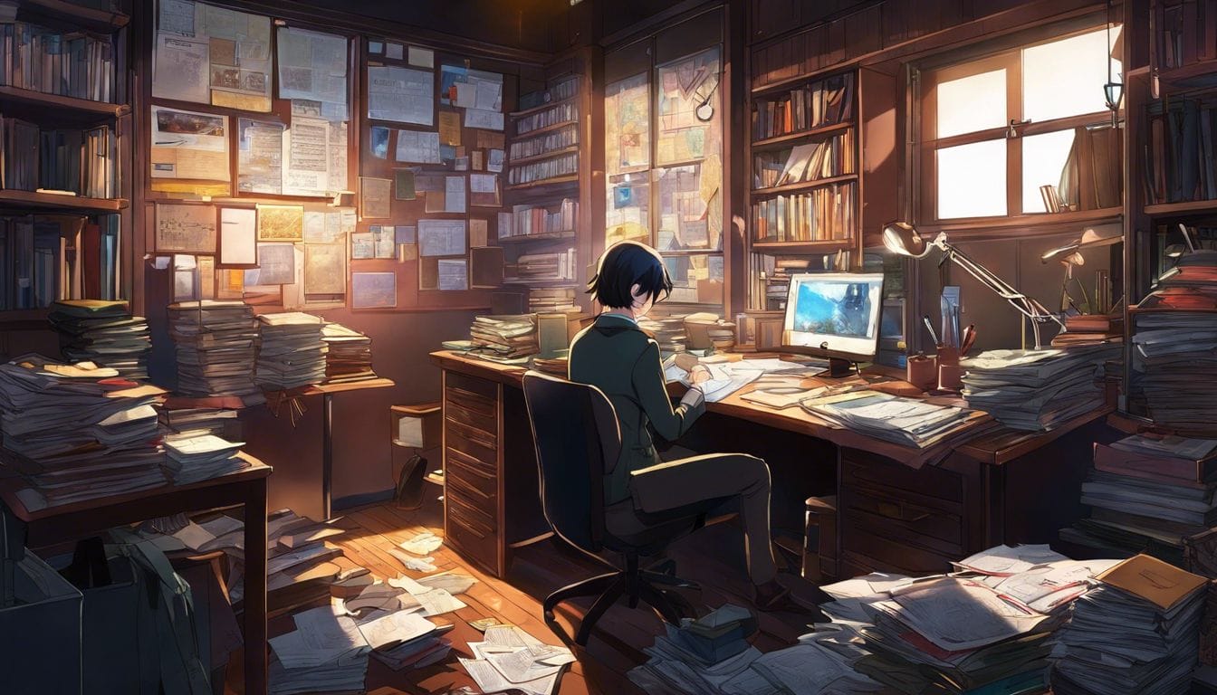 A person intensely studies crime case files in a cluttered room.