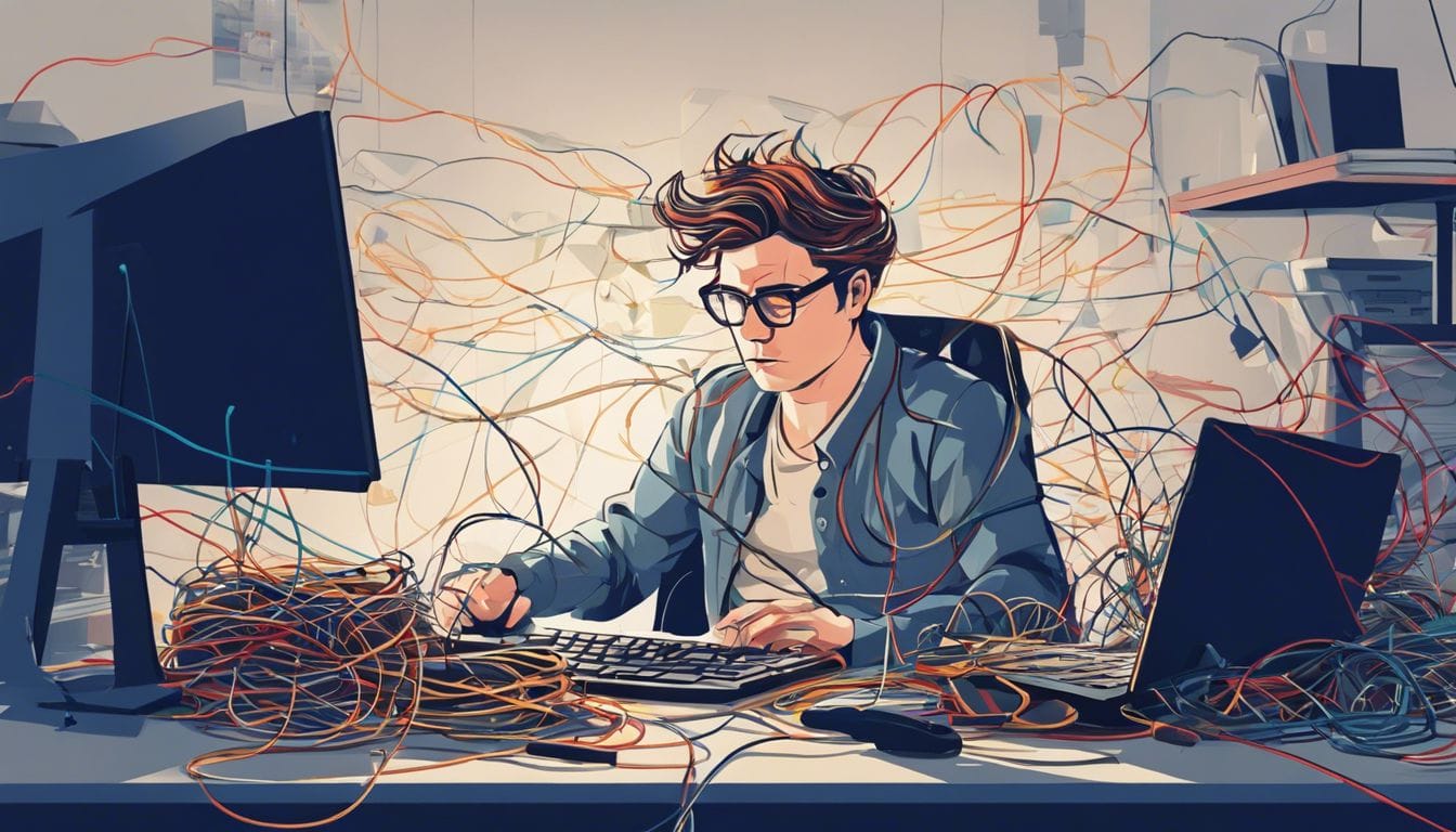 A person frustrated at messy desk full of tangled cables.