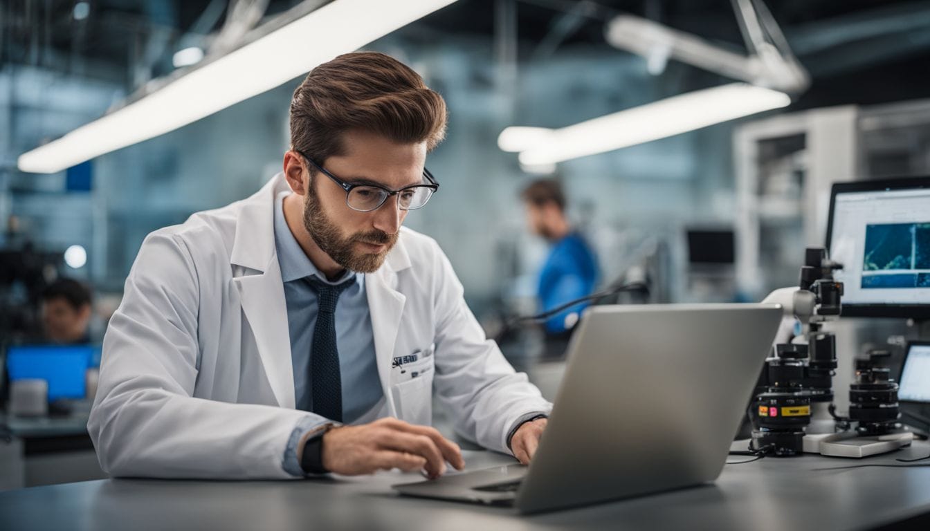 A scientist analyzing experimental data in a modern laboratory.