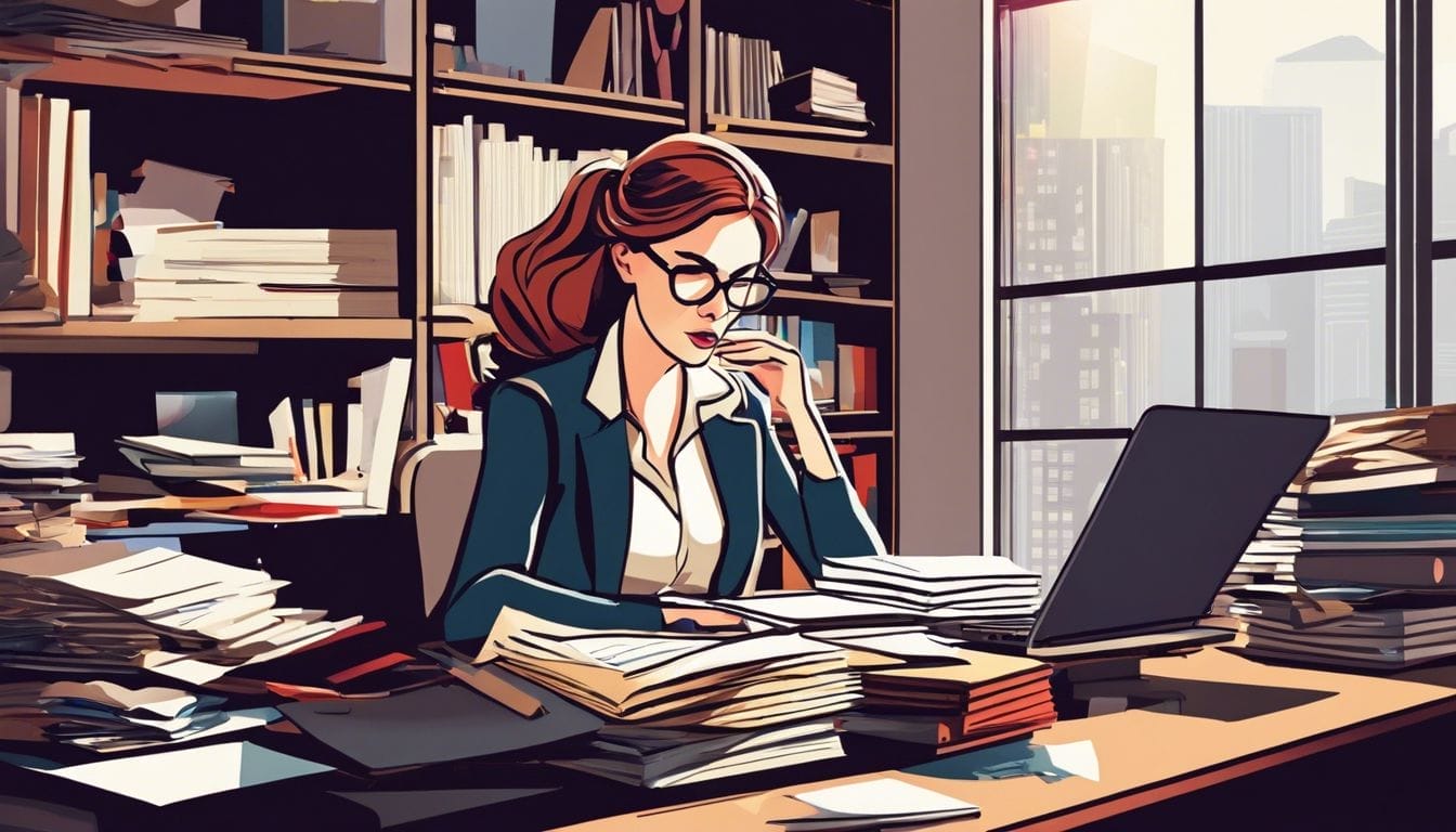 A woman in her 30s sits at a cluttered desk, typing with a thoughtful expression, surrounded by stacks of papers and reference materials.