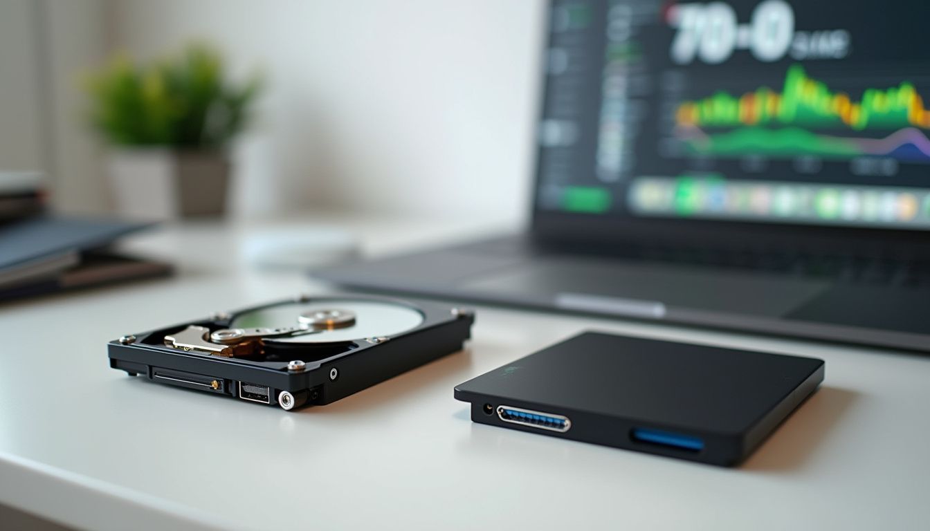 A computer setup with a hard disk drive (HDD) and solid-state drive (SSD) showcased.