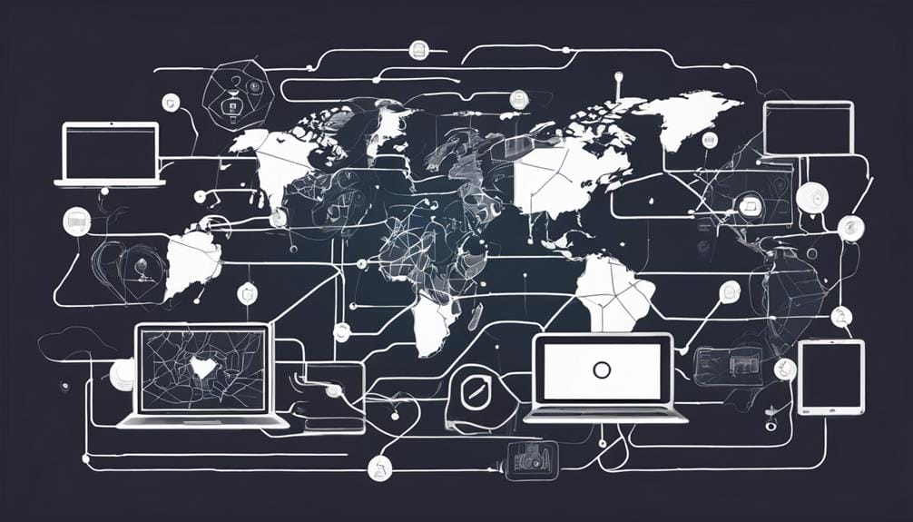 Illustration of a global digital network with interconnected devices such as laptops, smartphones, and tablets overlaid on a world map.