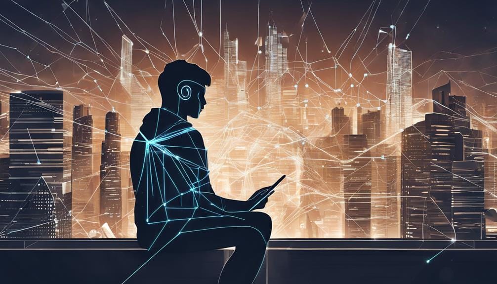 Person with headphones using a tablet, surrounded by a futuristic cityscape with interconnected digital lines.