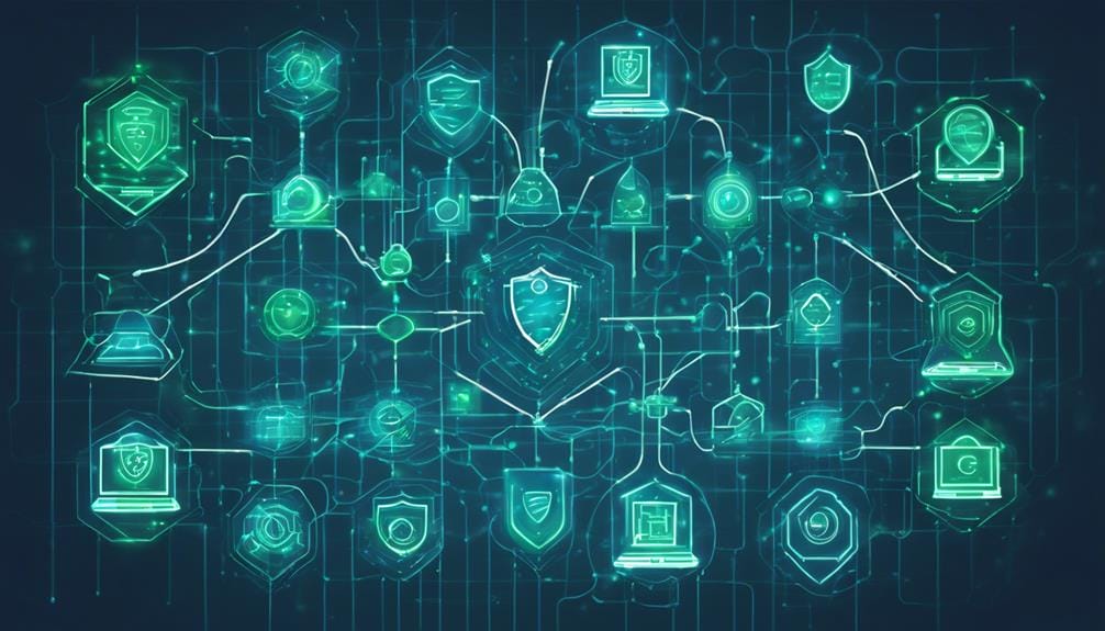 Illustration depicting a network of interconnected digital shields and devices, symbolizing cybersecurity and data protection.