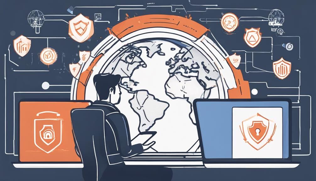 Illustration of a person at a desk with two laptops displaying security shields, surrounded by digital network icons and a globe in the background, representing cybersecurity.