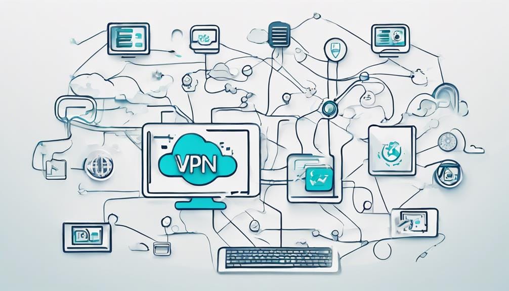 Illustration showing a VPN network. Various devices like laptops, tablets, and routers are interconnected through cloud and security icons, depicting secure internet connectivity and data flow.