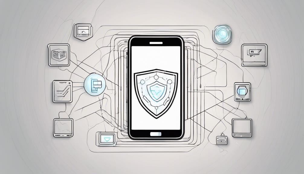 Illustration of a smartphone with a shield icon on its screen, surrounded by connected icons representing various digital and technological functionalities.