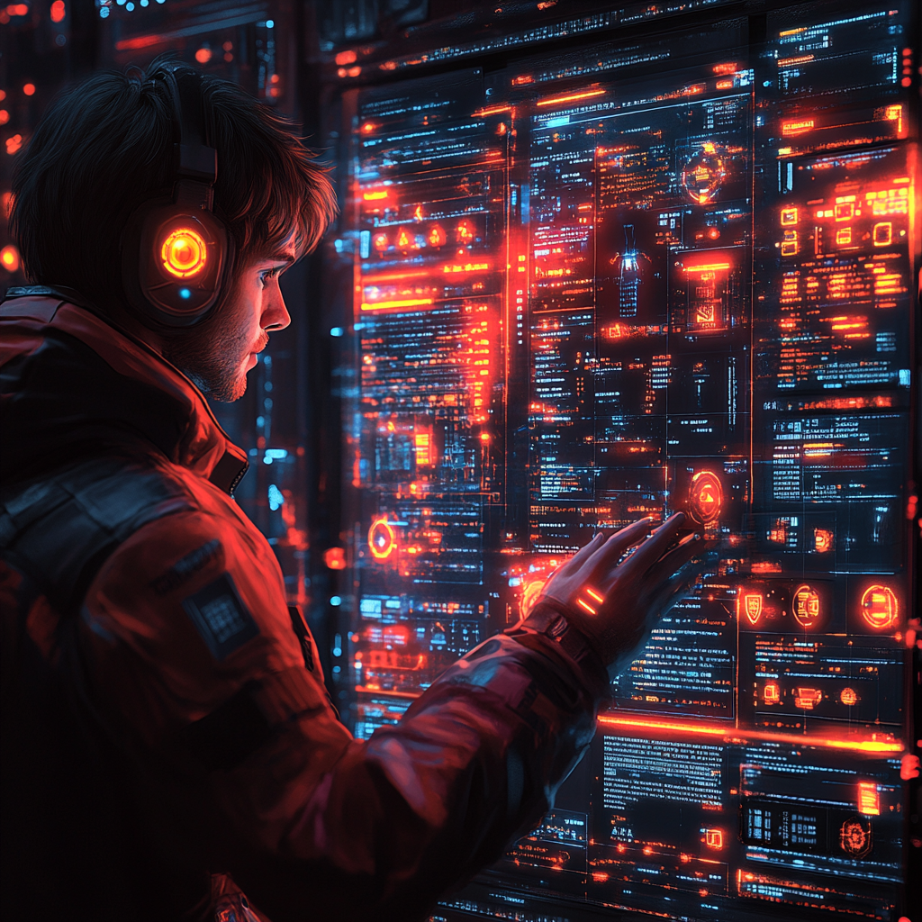 A person wearing headphones interacts with a wall of glowing digital screens filled with data and graphics in a dark, futuristic setting, delving into how to find incognito history amidst the streams of information.