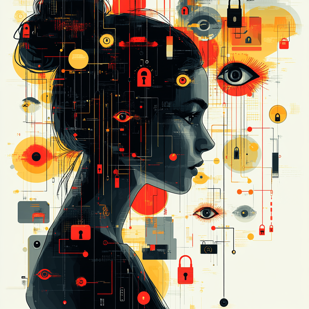 Profile of a woman surrounded by digital symbols, eyes, and locks, representing cybersecurity and surveillance themes with a mix of abstract and technological elements. Subtle hints question "Does incognito hide IP?", adding depth to the intricate narrative on privacy.