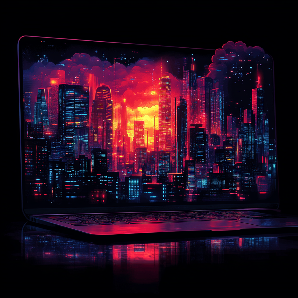 A laptop displaying a colorful, futuristic cityscape with tall buildings, neon lights, and a vibrant sunset sky in dark surroundings prompts the question: does incognito hide IP?