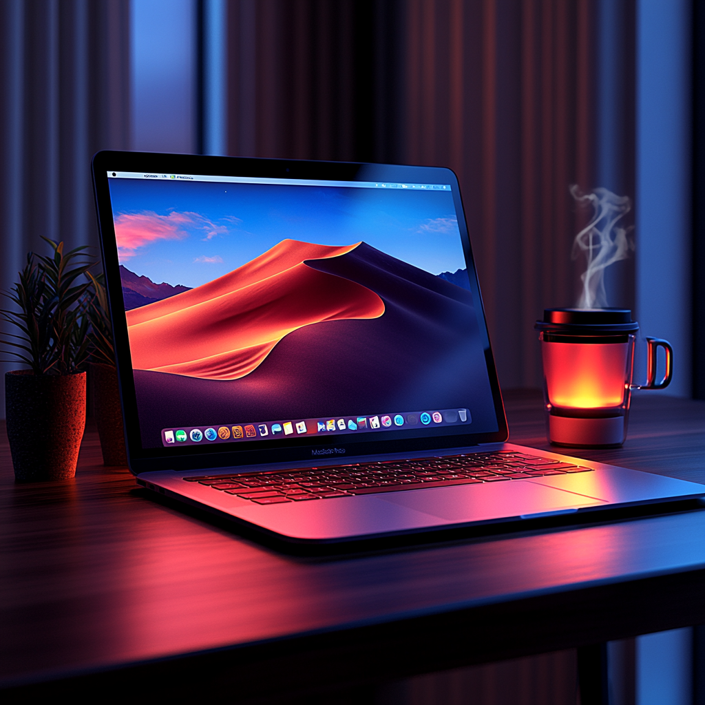 A laptop displaying a desert landscape screensaver is on a desk beside a small plant, a steaming cup, and an open window showing private browsing in Safari.