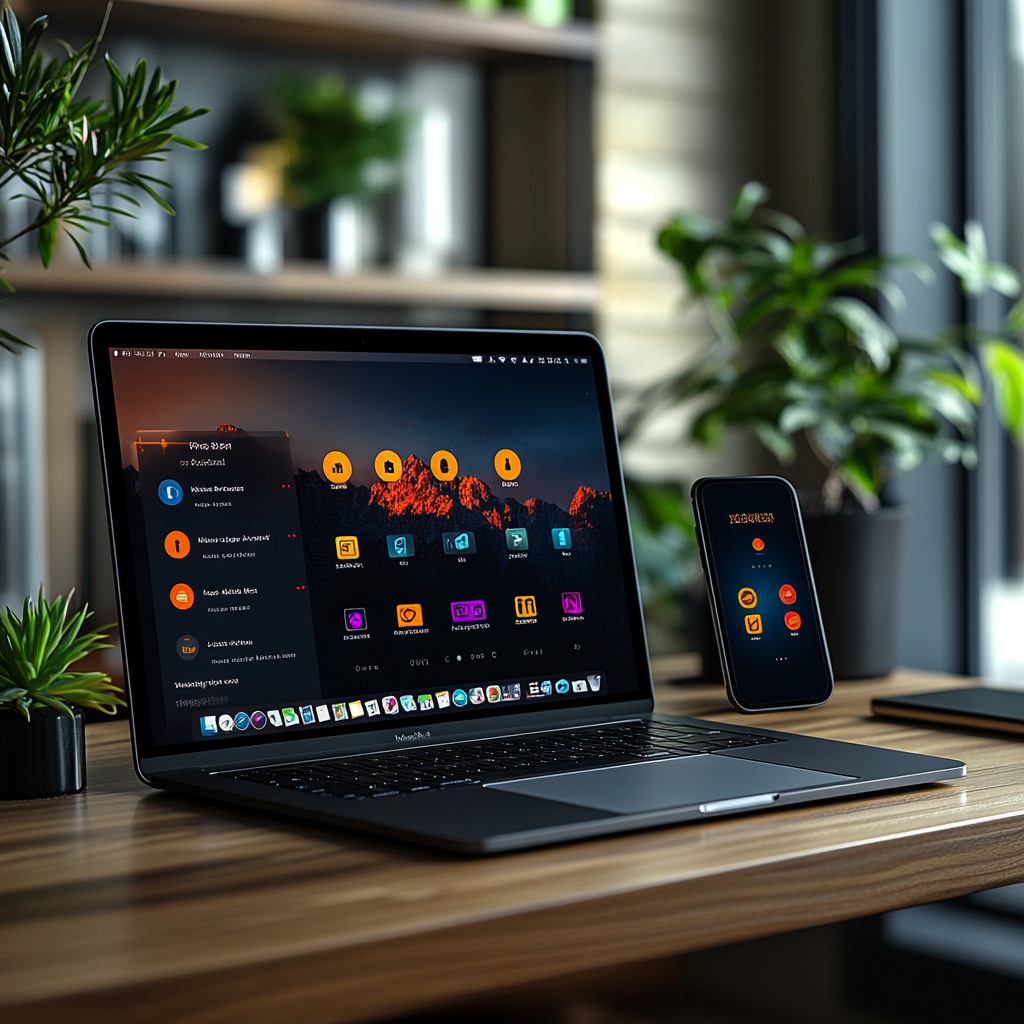 A laptop and a smartphone, both set to private browsing in Safari, are on a wooden desk in a modern office setting, displaying colorful app icons on their screens. Potted plants and office supplies are visible in the background.