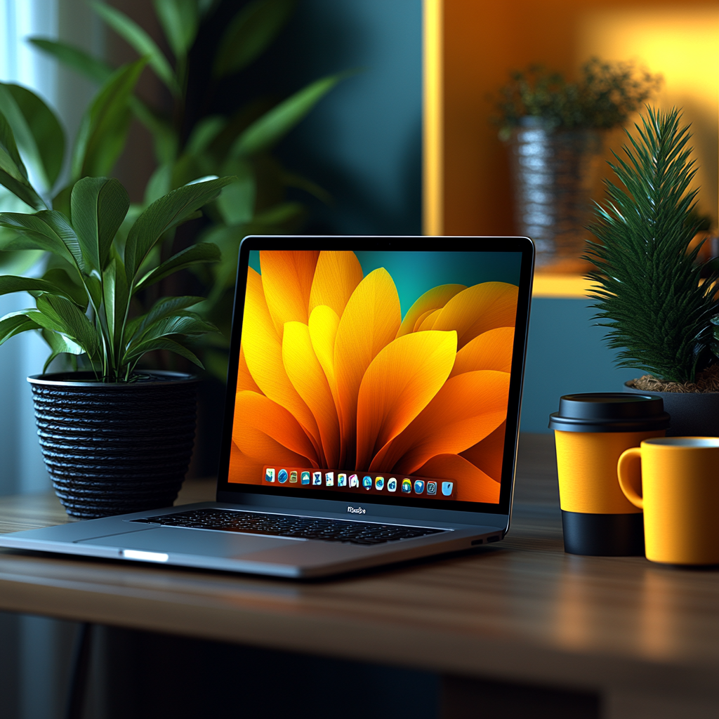 A laptop with a floral wallpaper on the screen is placed on a wooden desk surrounded by potted plants, two yellow-and-black mugs, and a discreet hint of private browsing in Safari.