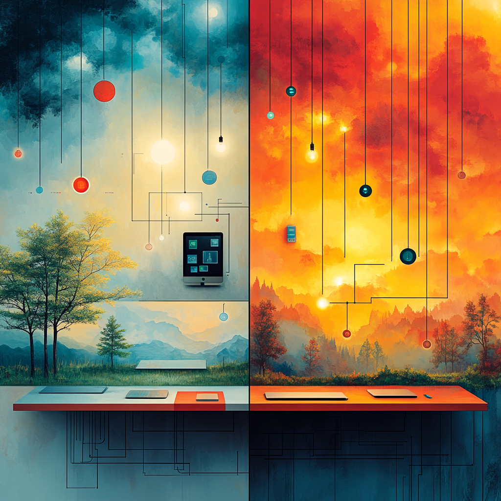 A split scene with a serene landscape on the left and a fiery sky on the right. Both sides feature hanging lights and connected circuitry leading to a desk with electronic devices, hinting at inquiries like "Does incognito hide IP?