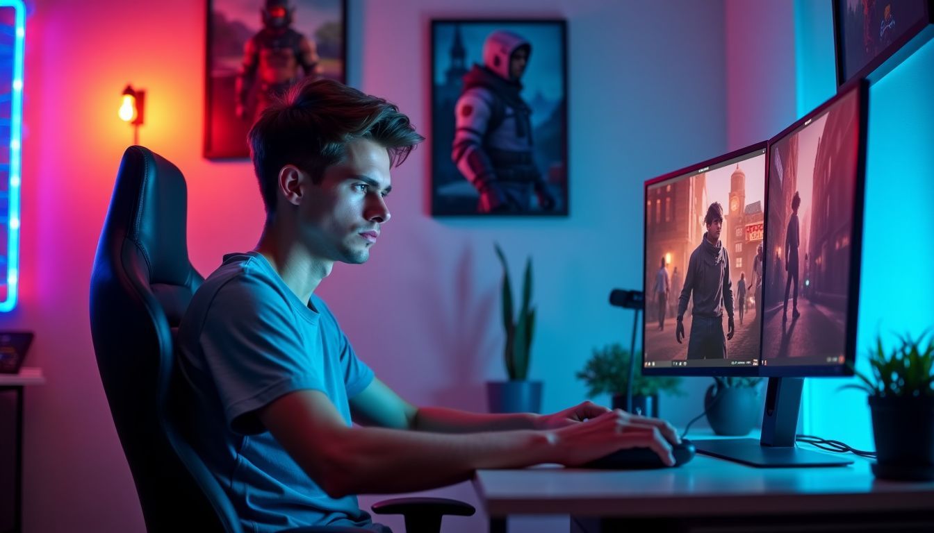 A man compares gaming monitors in a dimly lit room.