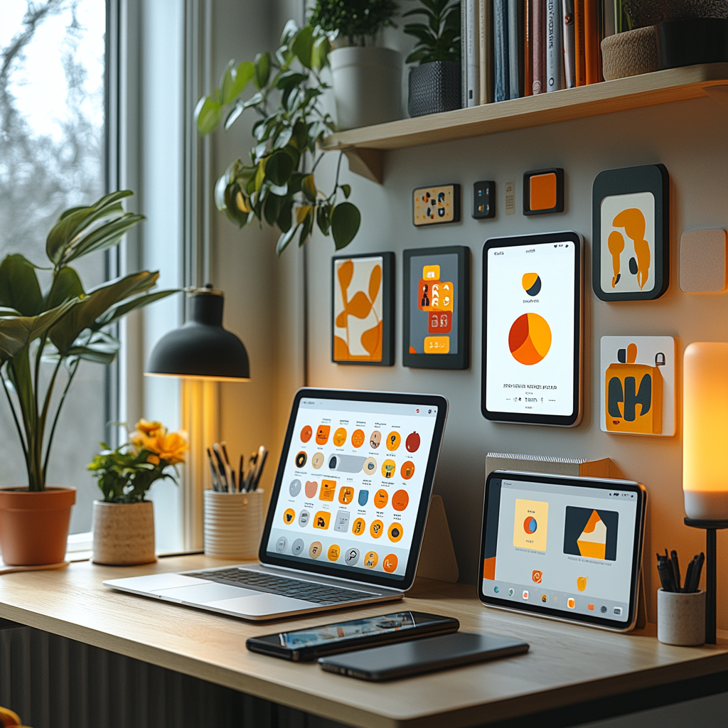 A modern workspace with a laptop, tablet, and smartphone on a wooden desk surrounded by potted plants and abstract artworks on the wall. Various orange-themed apps are open on the devices, while private browsing in Safari ensures seamless multitasking without compromising privacy.