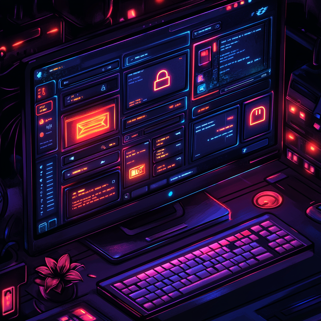 A computer workstation with neon-lit screens displays various cybersecurity-related graphics and text, including a locked padlock icon and tips on how to find incognito history. A plant is placed beside the keyboard.