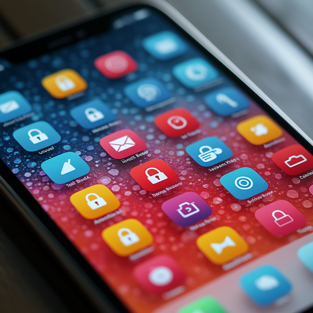 A smartphone screen showing various app icons, including email, calendar, camera, and settings, with a colorful gradient background. One of the icons hints at private browsing in Safari for added privacy.