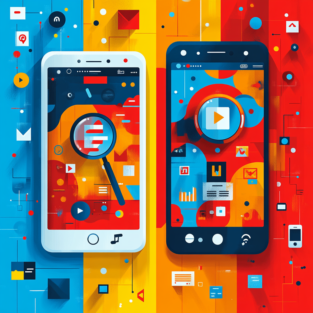 Illustration of two smartphones with magnifying glass icons on their screens, surrounded by various app icons, colorful geometric shapes, and abstract elements. This visual explores how to find incognito history amid a vibrant digital landscape.