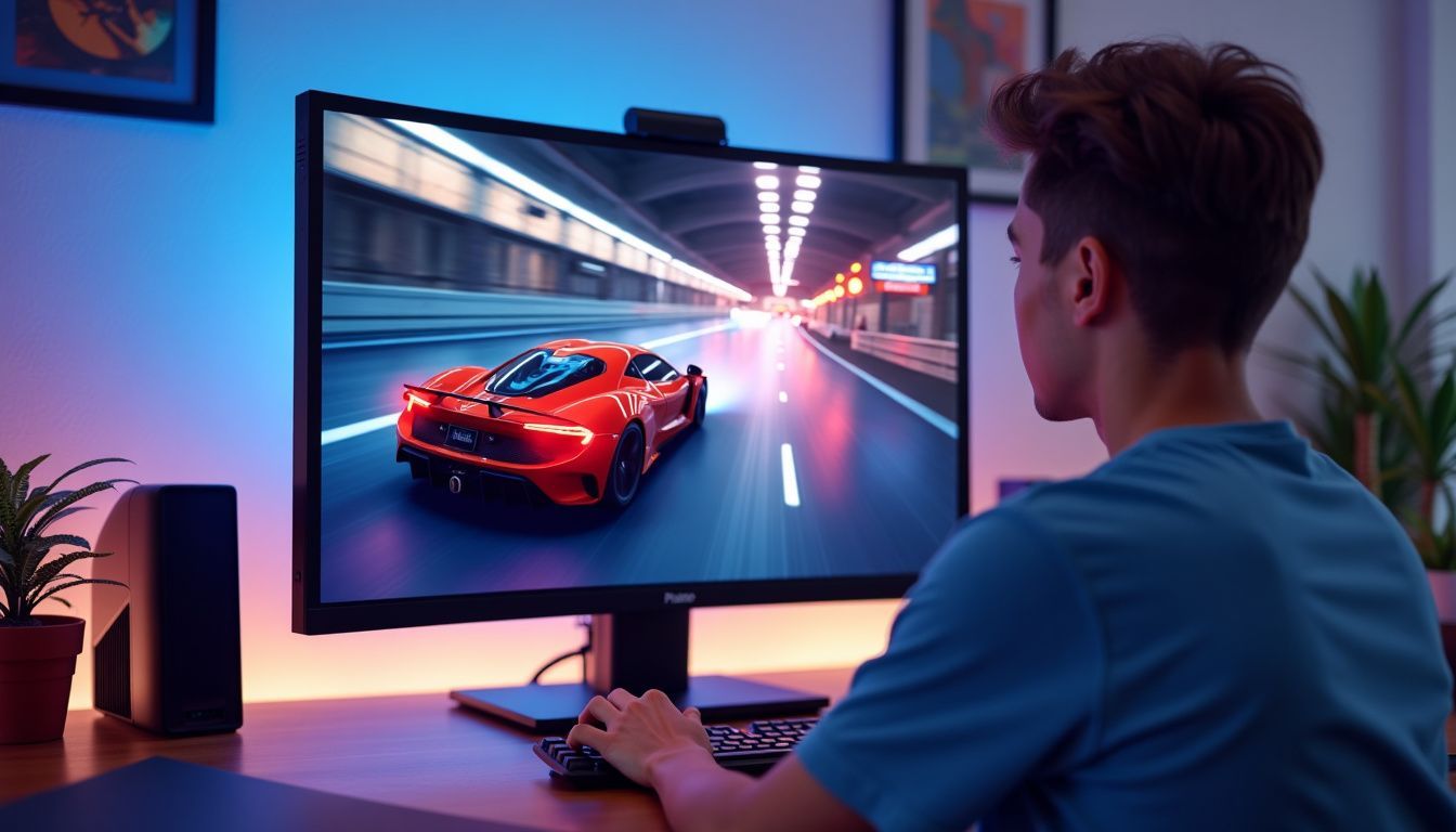 A curved gaming monitor displays a fast-paced racing game at 144 Hz.