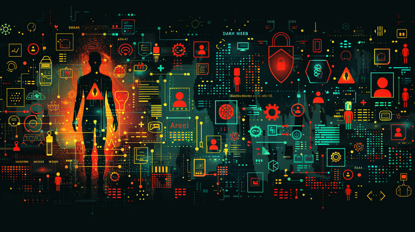 Silhouette of a person surrounded by colorful cybersecurity icons, symbols, and a "dark web alert" notification on a digital interface background.