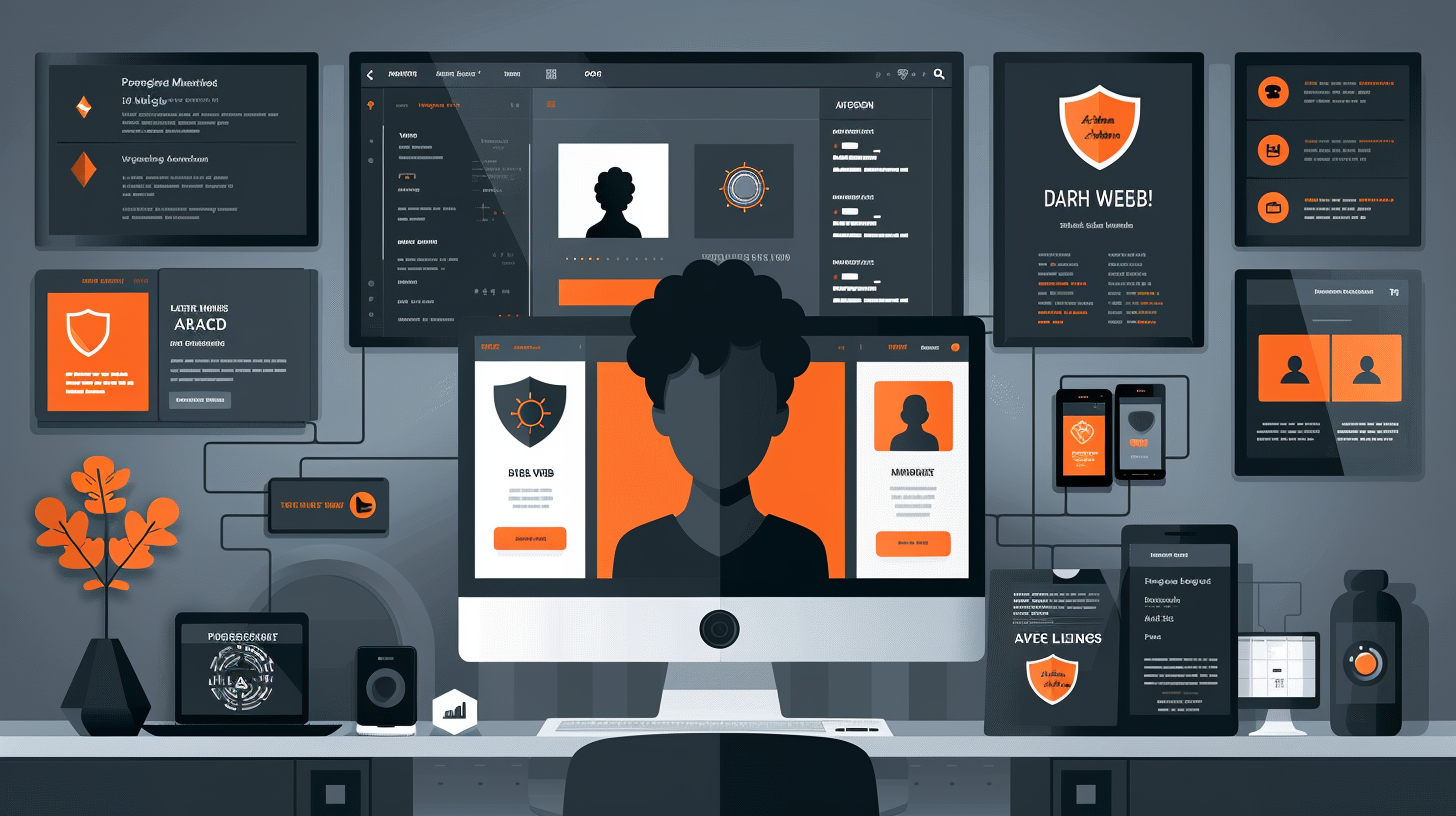 The computer desk displays a network security interface with various screens and icons. A central monitor, displaying a silhouetted profile and security badges, prompts the user to consider a dark web alert notification for enhanced privacy protection.