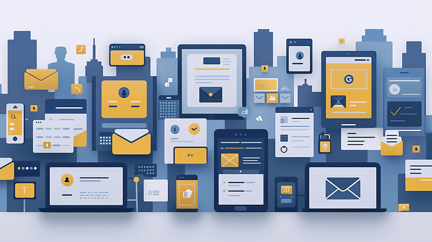 Illustration of various devices with communication and email icons against a cityscape background, representing digital communication and connectivity. Explore advancements while staying aware of cyber threats like tabnapping that can compromise online safety.