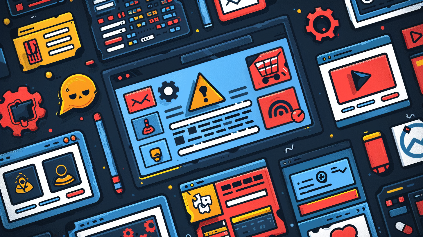 Illustration of various digital interface elements, including warning symbols, shopping carts, and multimedia icons, arranged in a colorful, overlapping pattern. Curious about new tools like what is wavebrowser? This blend adds an engaging layer to the vibrant mix.