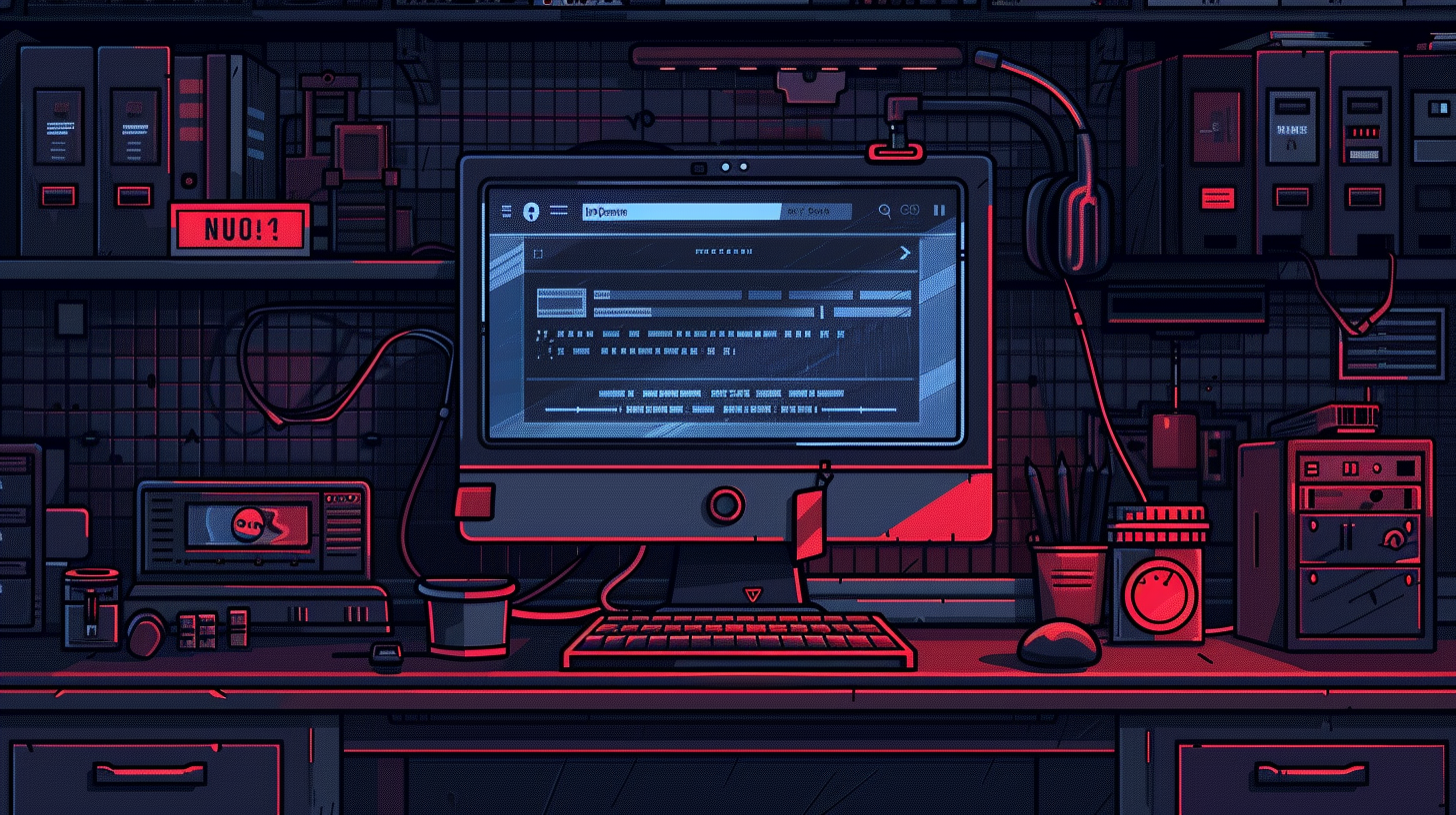 A computer setup with a large monitor displays code, hinting at complex projects like exploring "What is tabnapping." The desk is cluttered with tech equipment, headphones, a lamp, and various tools. Dim red and blue lighting creates a moody atmosphere.