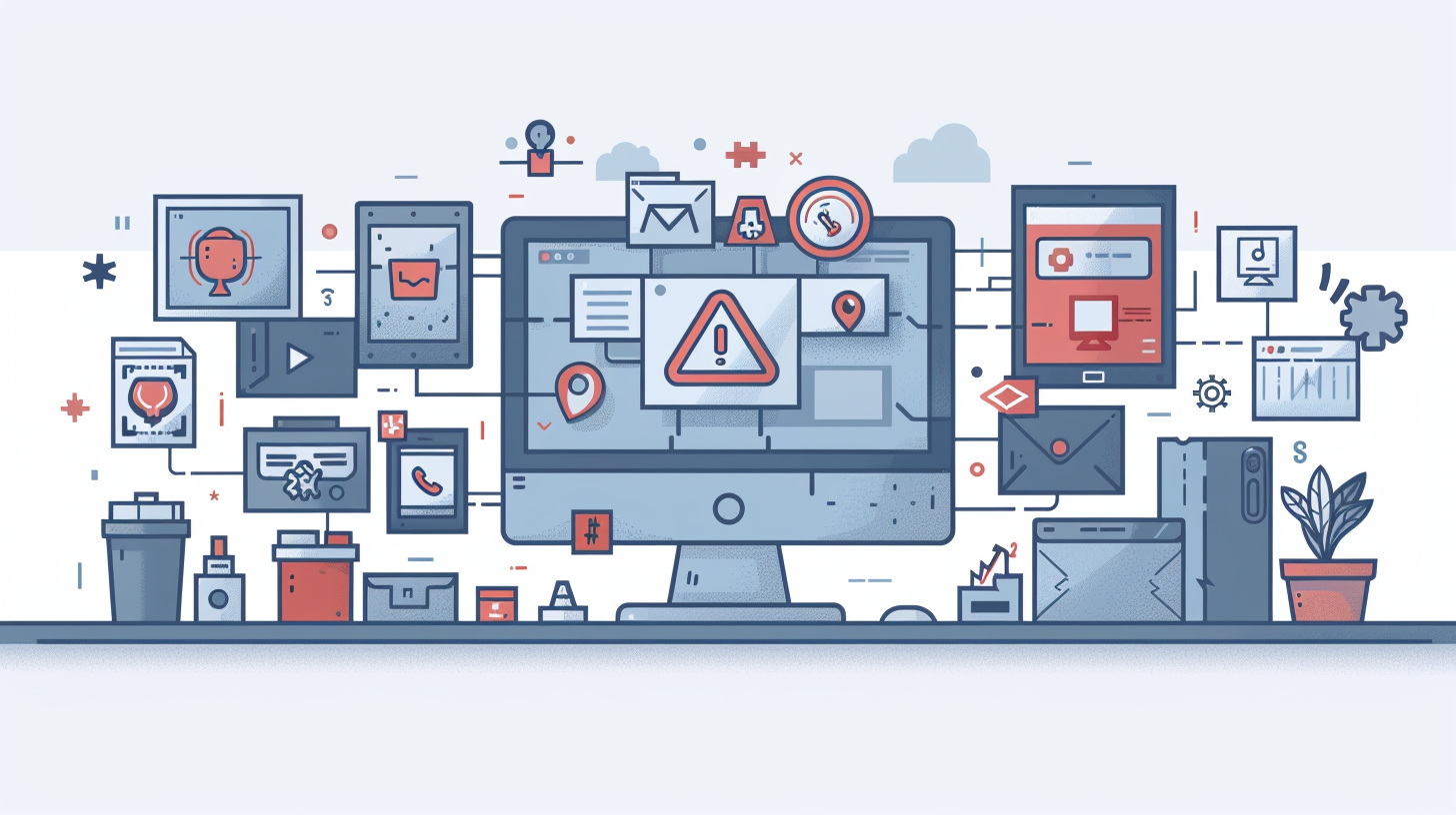 An illustration of a cluttered workspace with monitors displaying warning signs, surrounded by icons of email, messages, and office supplies. A curious user wonders, "What is WaveBrowser?" as they navigate the digital chaos.