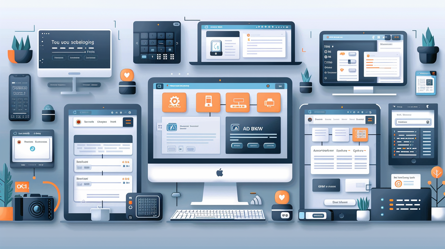 A digital workspace with multiple screens displays various applications, icons, and interface elements, enhanced by an ad blocker for YouTube, all set in a clean and organized layout.