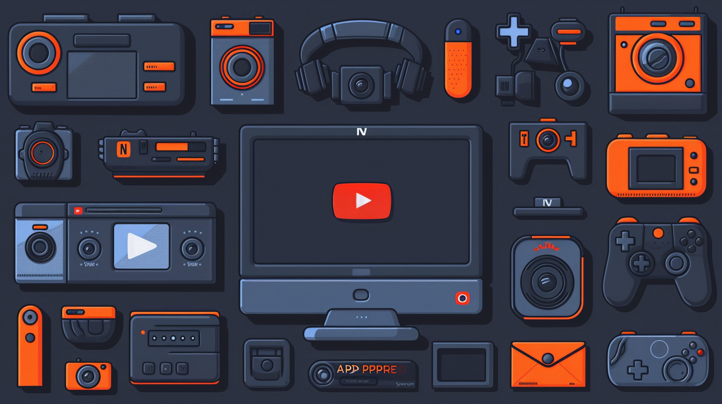 A graphic illustration highlighting various electronic devices and gaming equipment in sleek black and orange tones, showcasing cameras, game controllers, and a central screen with a play button icon, reminiscent of an ad blocker for YouTube's clutter-free experience.