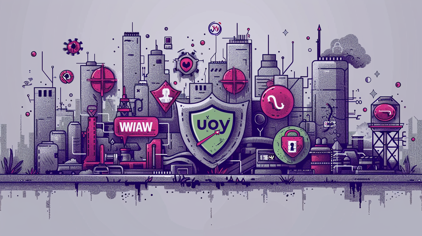 An illustration of a cityscape interwoven with digital symbols like shields, locks, and icons highlights cybersecurity themes. It prompts the question: why does browser keep going to Yahoo, hinting at underlying security concerns in our digital navigation.