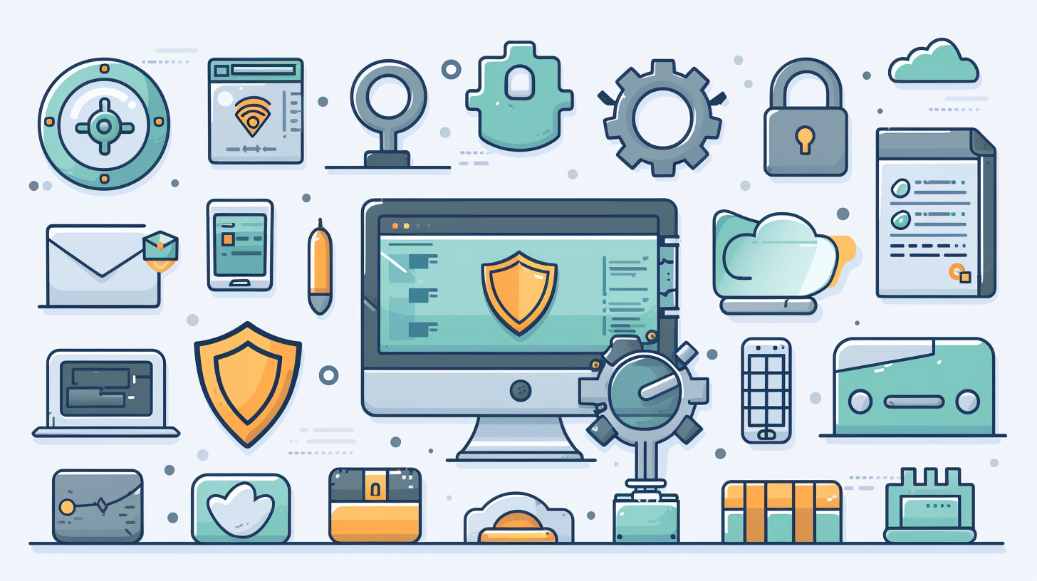 Illustration of cybersecurity icons, featuring shields, locks, gears, and various gadgets encircling a central computer monitor. As it displays a security emblem, ponder the question: why does the browser keep going to Yahoo?