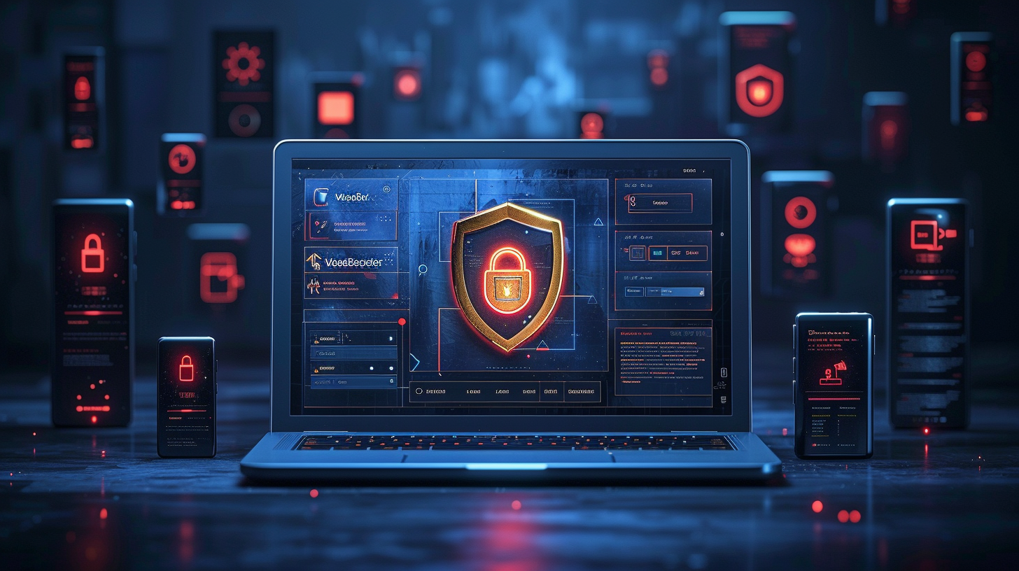 A laptop displays a digital security interface with a shield and lock icon, reminiscent of inquiries like "what is wavebrowser." Nearby smartphones mirror these security elements. The setting is dark, emphasizing cybersecurity.