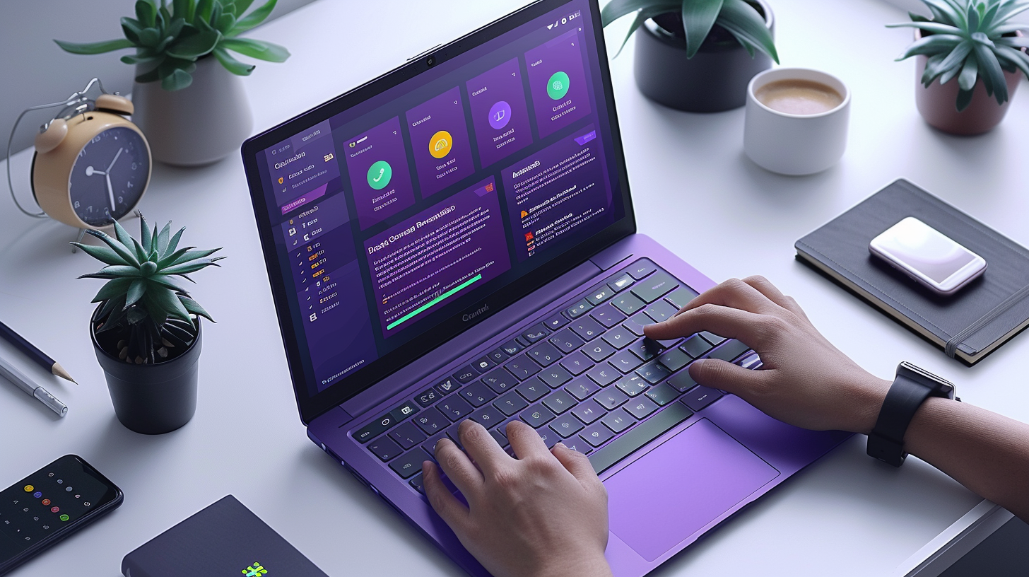 A person is typing on a purple laptop displaying a dashboard, perhaps exploring how to scan for viruses on a Chromebook. The desk is adorned with plants, a smartphone, notebook, wireless charging pad, watch, and steaming coffee cup.