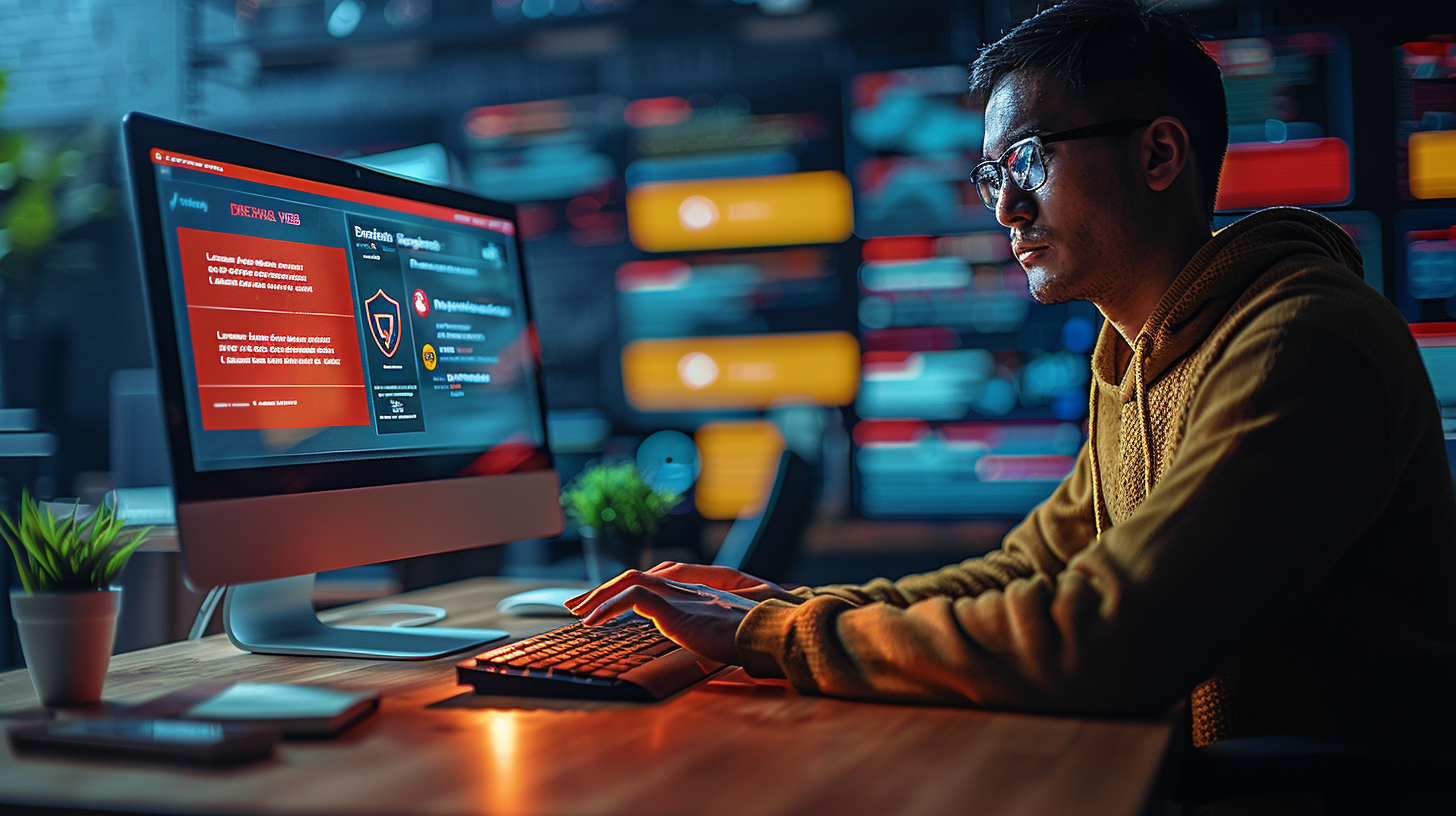 In a dimly lit room, a person focuses intently on a computer screen awash with cybersecurity alerts, pondering the implications of a dark web alert. Meanwhile, vibrant screens pulse colorfully in the background, adding to the high-tech ambiance.