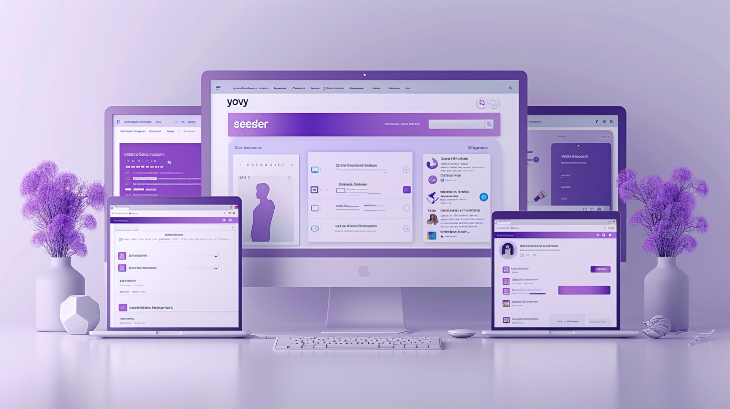 Four screens displaying a purple-themed interface show text boxes and icons, echoing the query "Why does browser keep going to Yahoo?" Two laptops, a desktop, and a tablet sit on the desk adorned with purple flower vases.